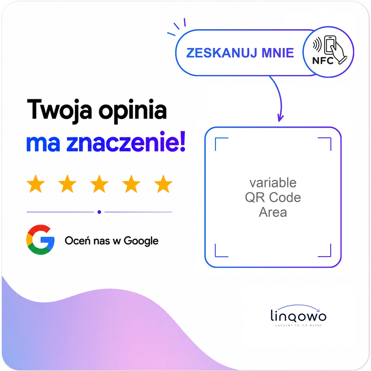 Projekt produktu Linqowo z QR, NFC i prośbą o opinię Google